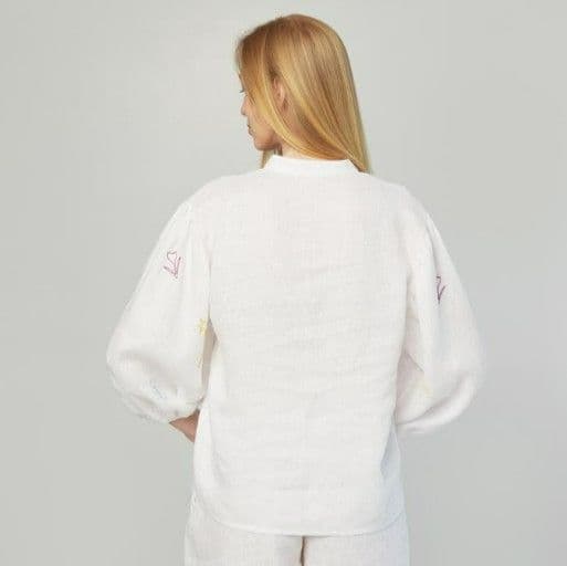 Вишита лляна блуза з рукавами-ліхтарикими та коміром-стійкою. Колекція Квіт - 4